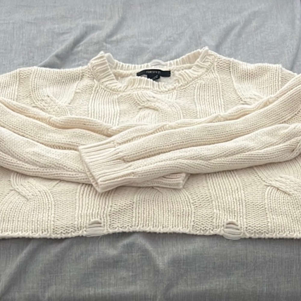 Forever 21 Cream Distressed look Cable Knit Sweater